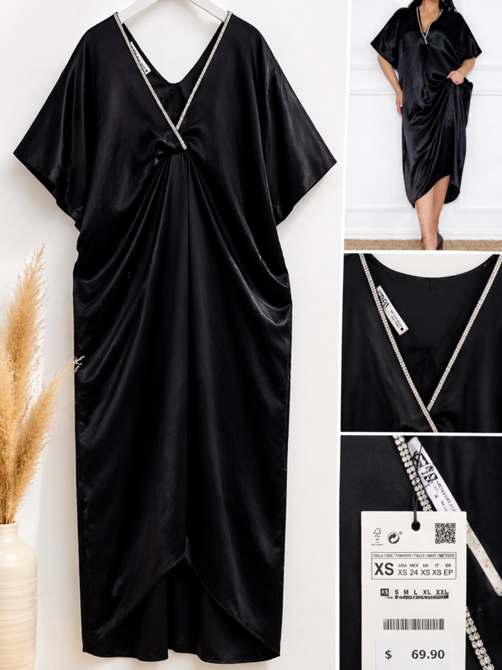 ZARA Black Satin Dress with Rhinestone Detail – NEW with Tags – Size XS